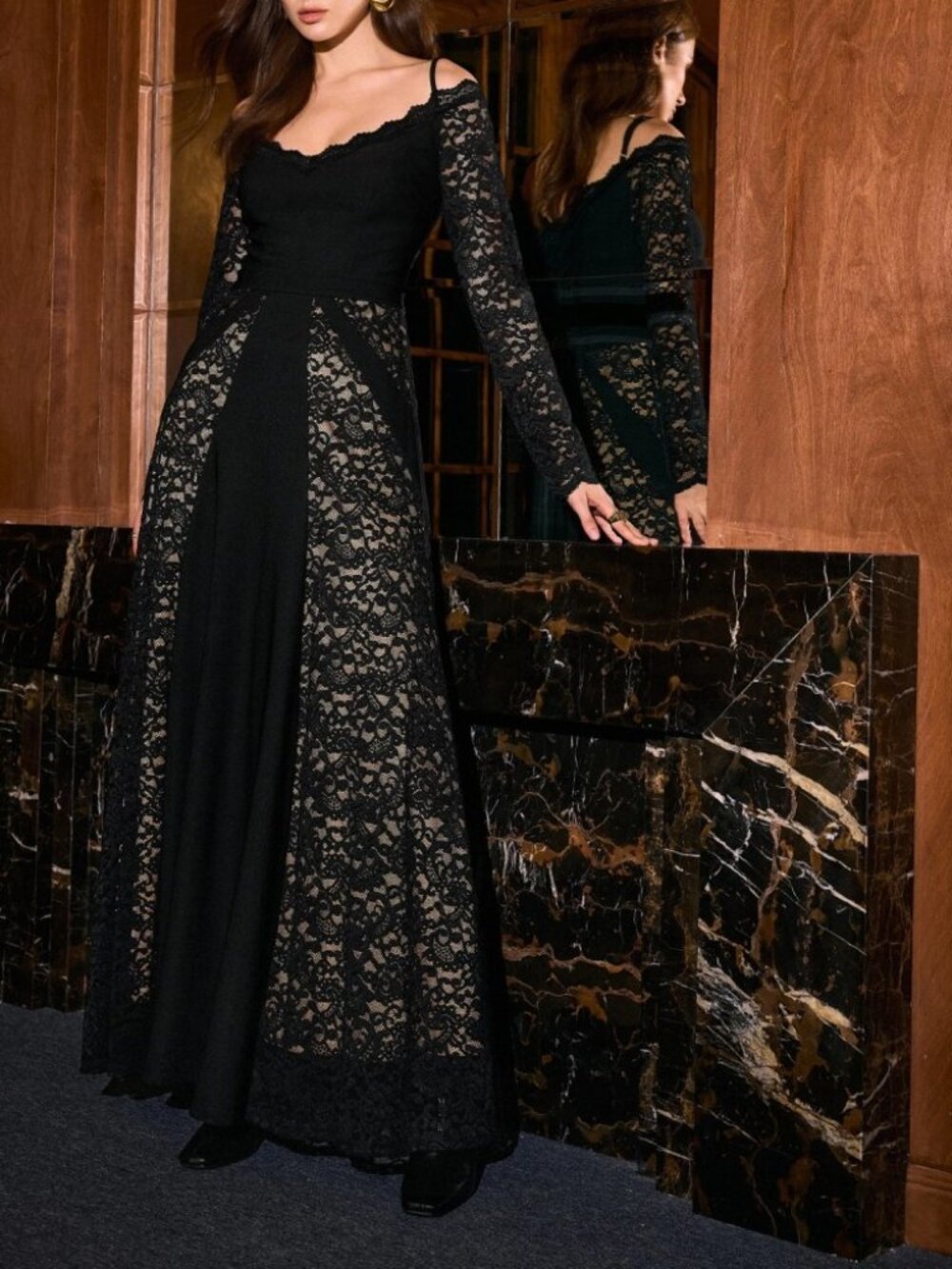 Black Lace Panel Off Shoulder Long Sleeve Maxi Dress
